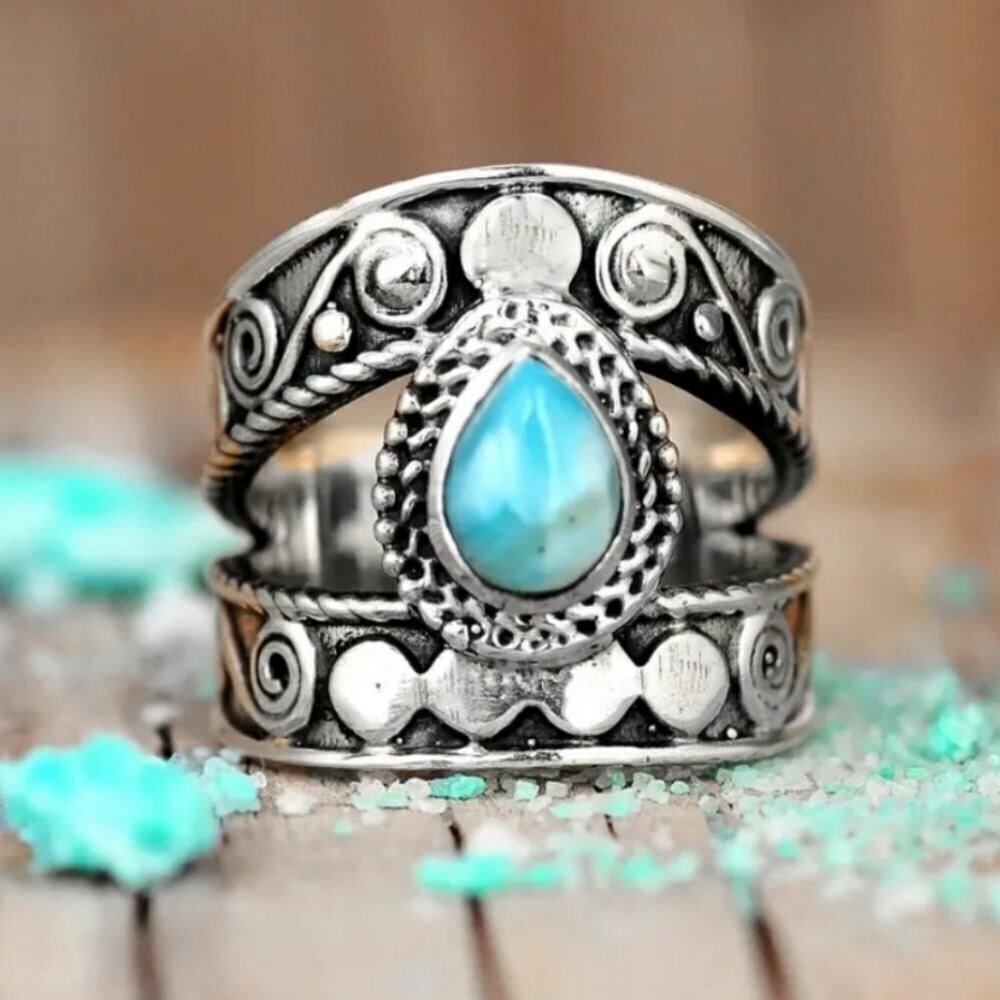 Vintage Style Chunky Band Ring Inlaid Turquoise Jewelry - Picture 11 of 11